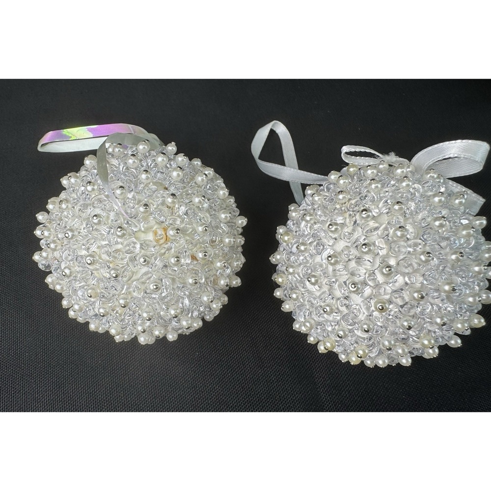 Lot Of 2 White Pearl Covered Christmas Ball Ornaments